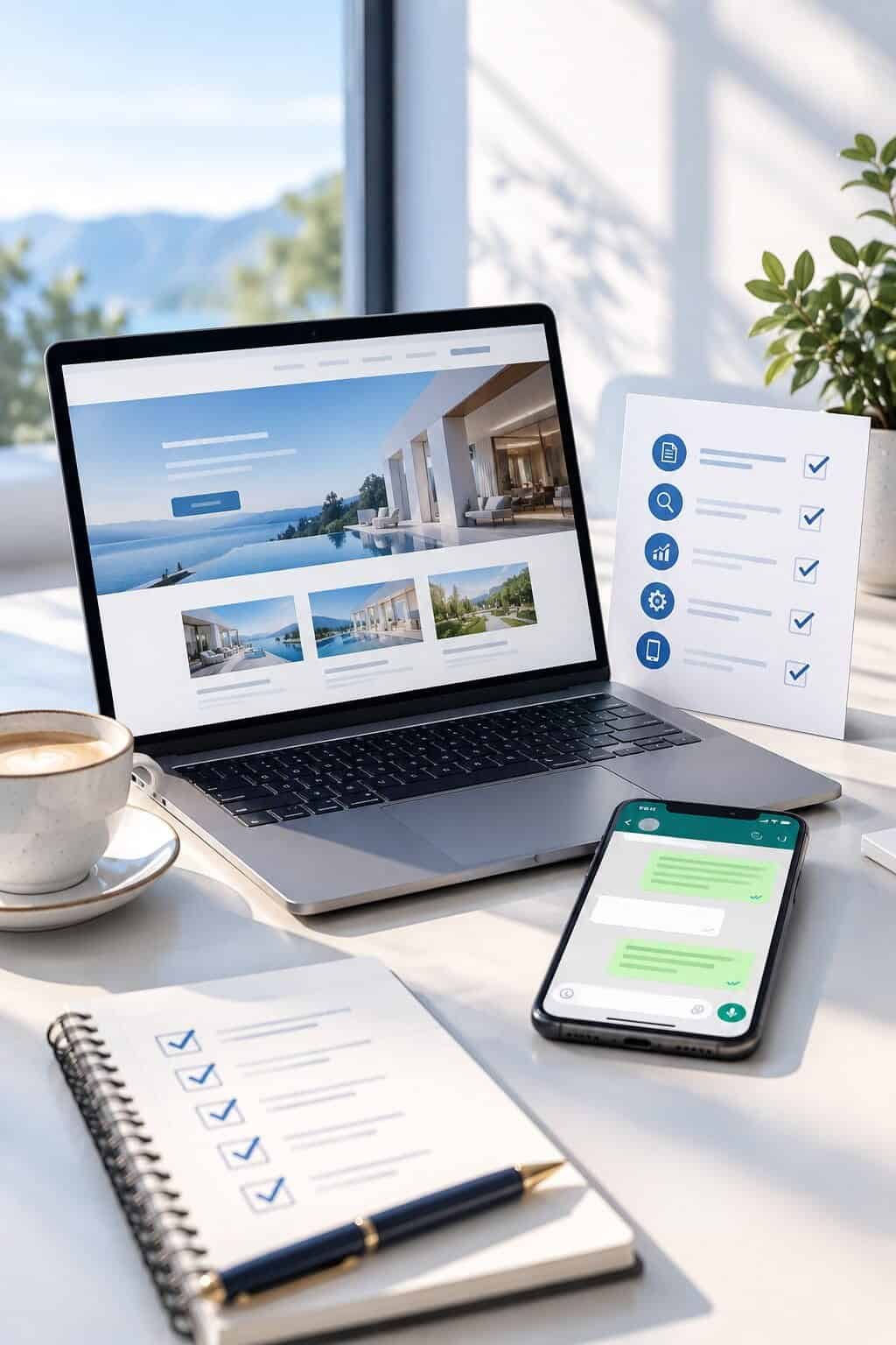 Laptop showing a hotel website, a checklist and a WhatsApp chat on a desk