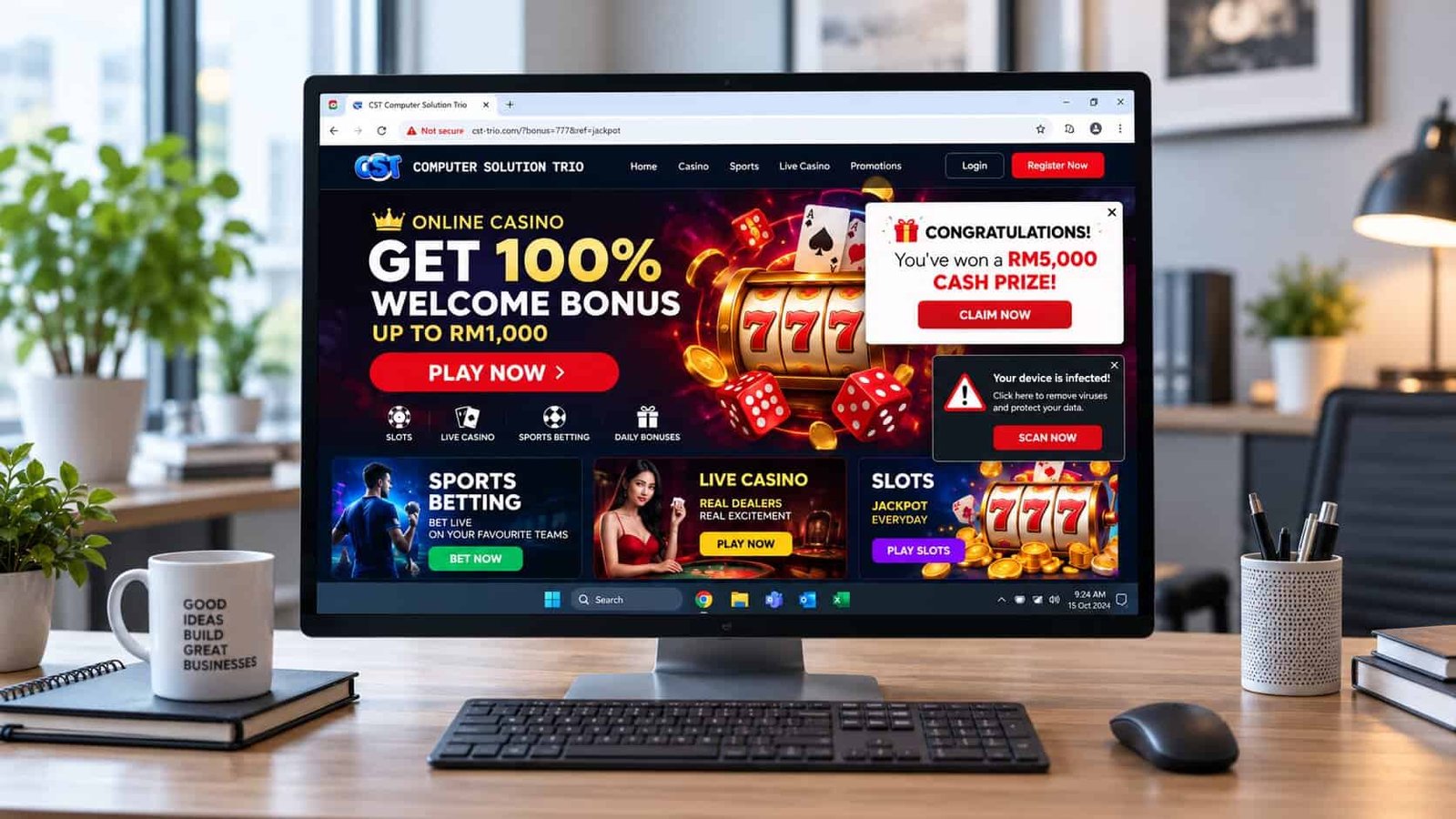 Laman web perniagaan yang digodam mengalih ke halaman kasino dalam talian dengan pop-up hadiah palsu