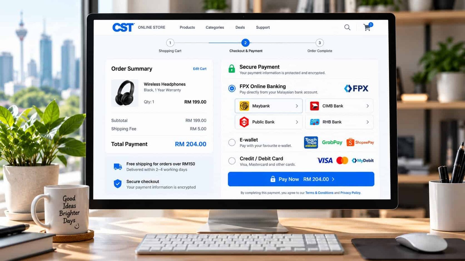A Malaysian online store checkout offering FPX online banking, e-wallets and cards
