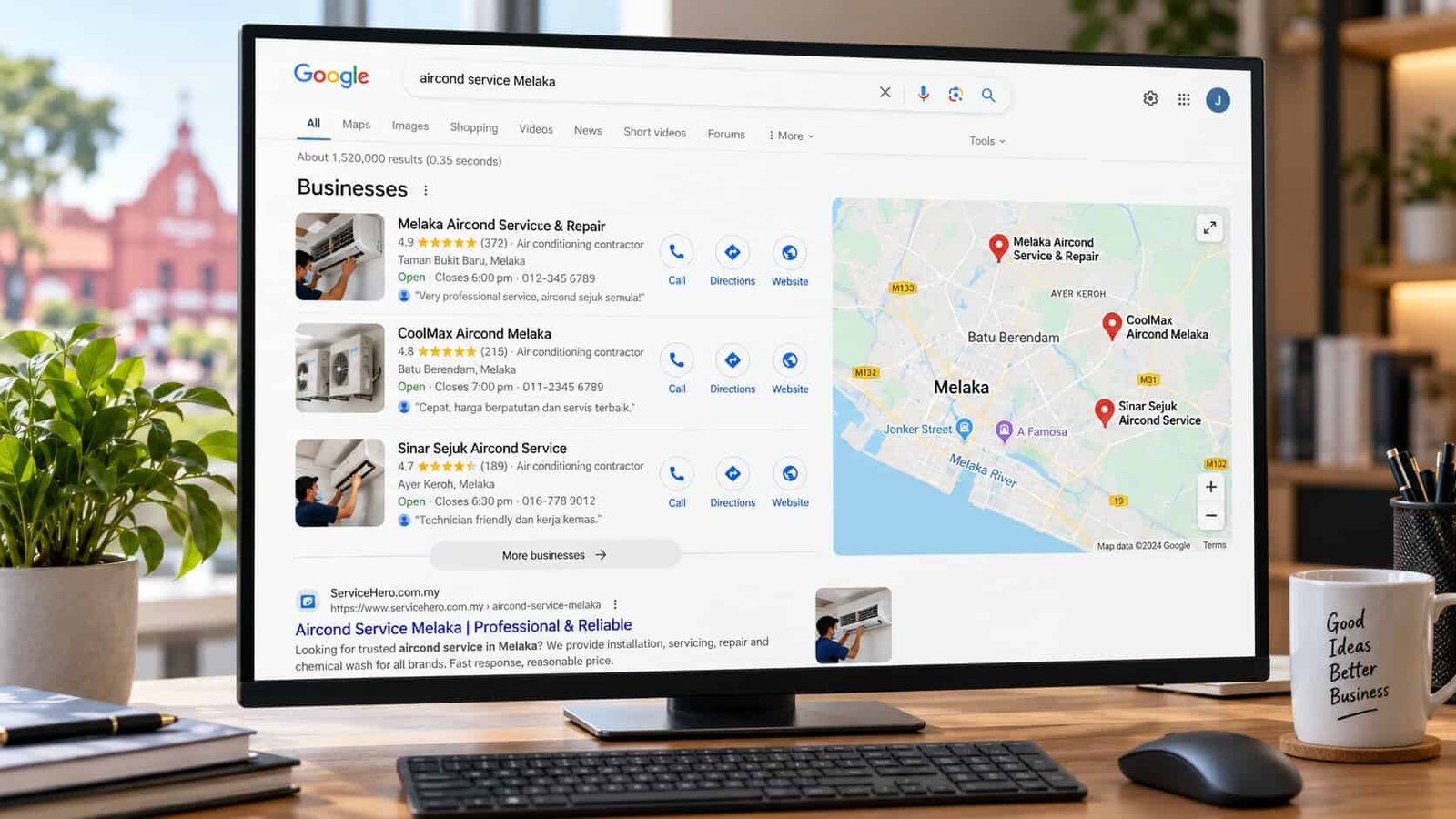 Google search for aircond service Melaka showing the three-business map pack above the website results