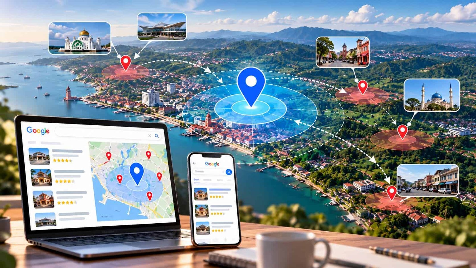 Pemandangan udara Melaka dengan pin peta yang kuat di bandar dan pin lebih lemah di bandar luar, di sebelah komputer riba dan telefon yang menunjukkan hasil tempatan Google Maps