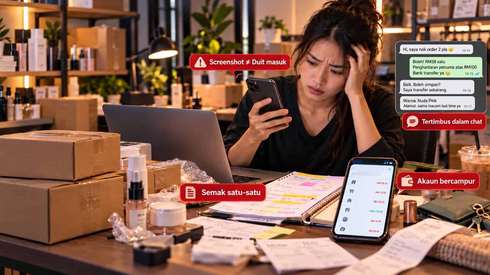 Penjual di meja berselerak menyemak tangkapan skrin bayaran di telefon, dengan pesanan tenggelam dalam chat WhatsApp, rekod bayaran bertulis tangan dan akaun peribadi yang bercampur