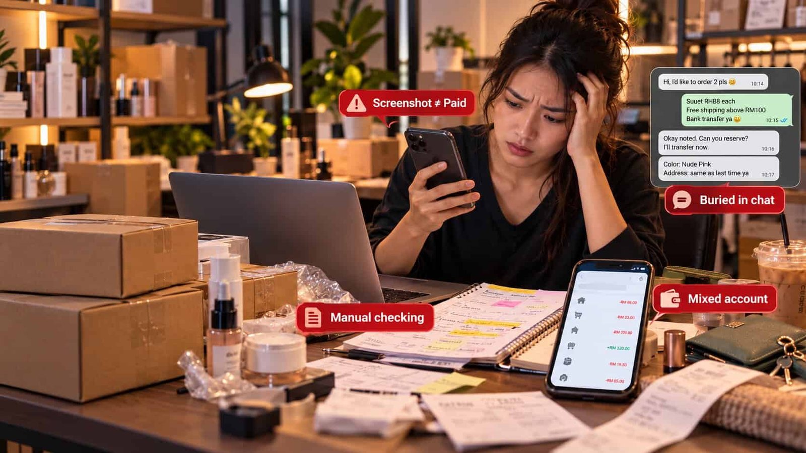 A seller at a cluttered desk checking a payment screenshot on her phone, with orders buried in a WhatsApp chat, handwritten payment records and a mixed personal account