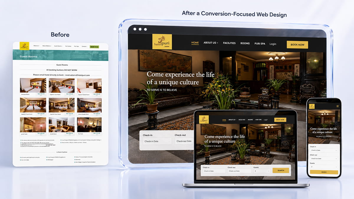 Before and after website transformation for Hotel Puri Melaka