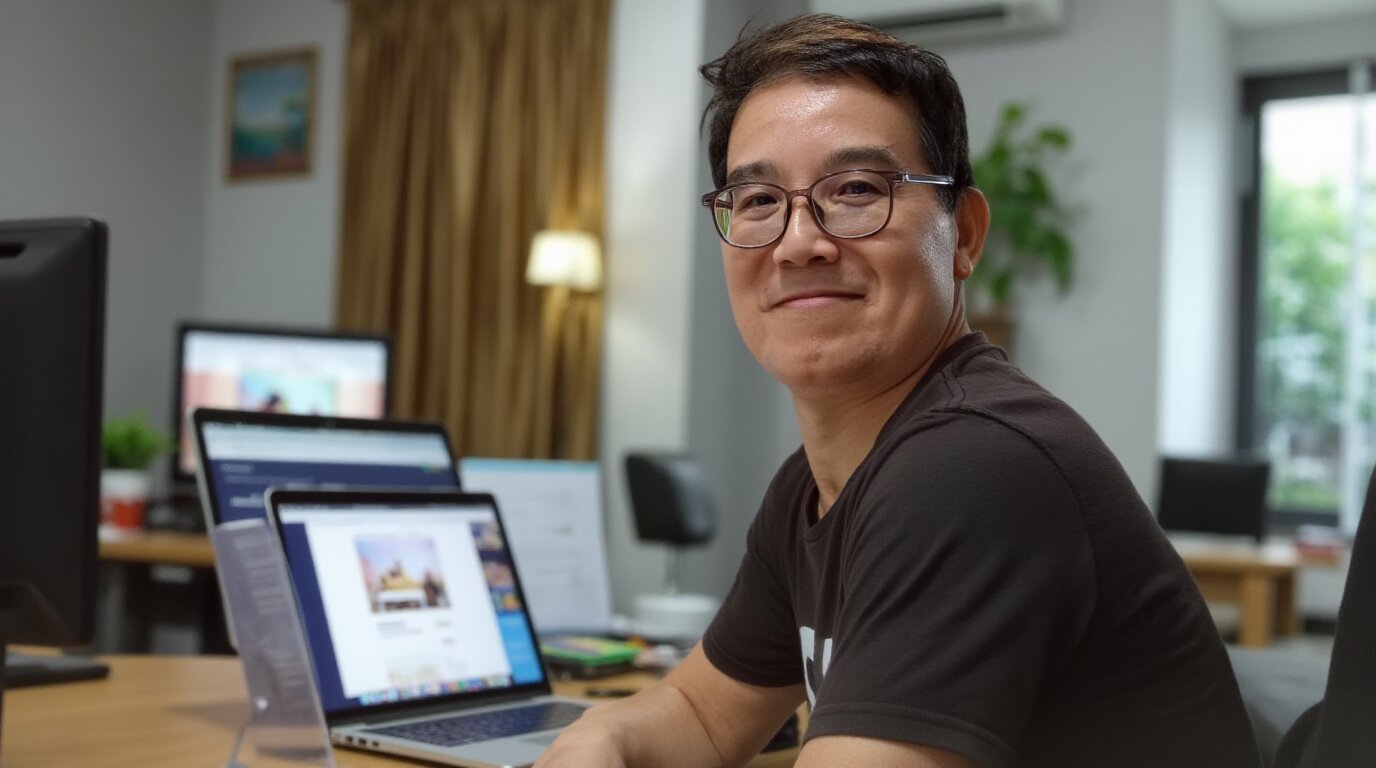 Richerd Ho working at his desk on a website review