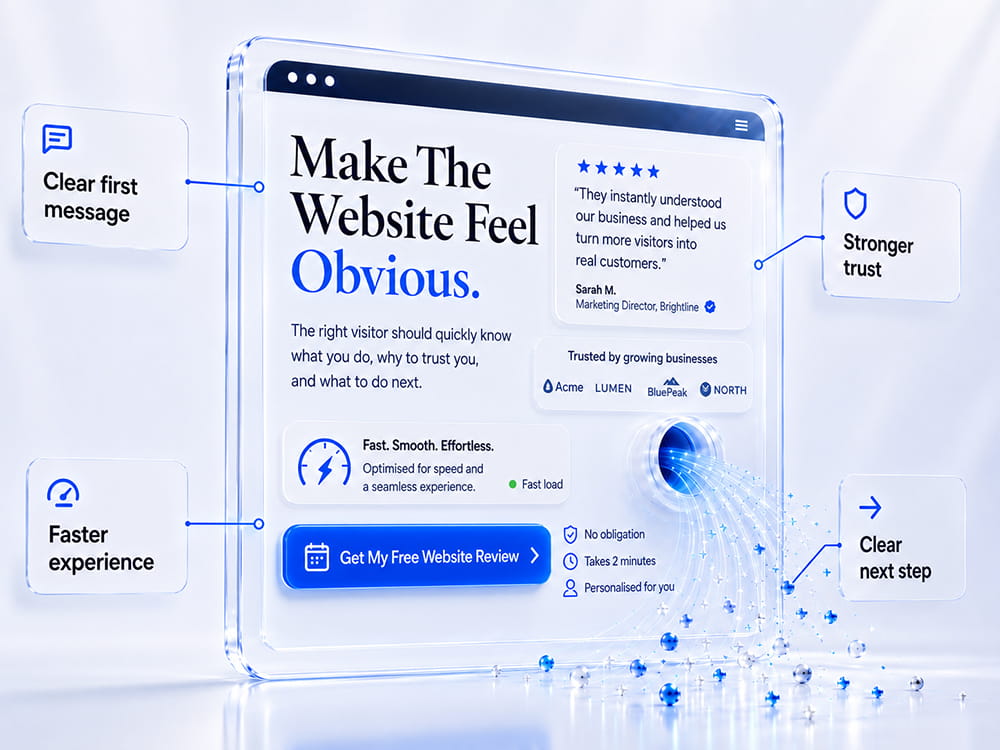 A polished website improvement visual showing clearer messaging, stronger trust, faster experience, and a clear next step.