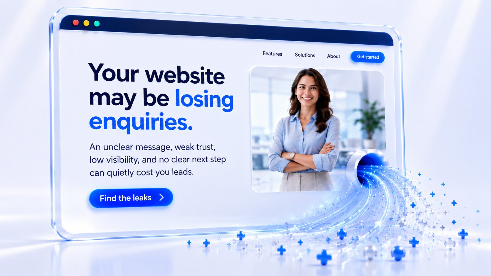 Website review visual showing four enquiry leaks: unclear message, low trust, hard to find, and no clear next step.